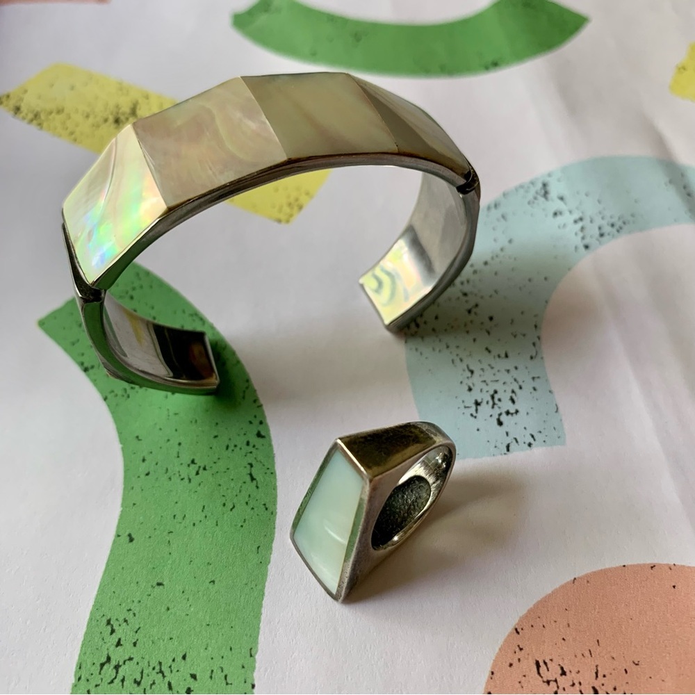 Mother of Pearl Inlay Cuff Bracelet Silver Statement Ring Set - Picture 1 of 12